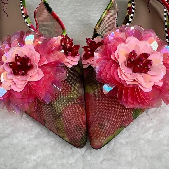 Betsey Johnson Audree Floral Slingback Kitten Heels Sequin Pointed Toe Women's 7 - Picture 3 of 9